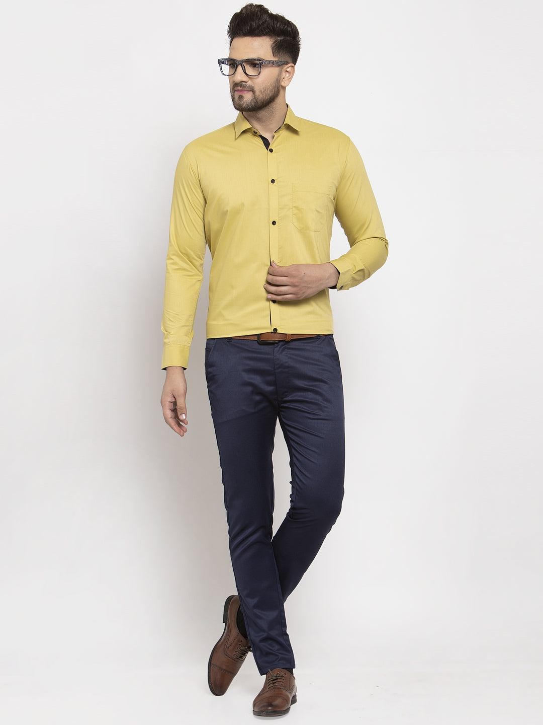 Jainish Lime Yellow Formal Shirt with black detailing ( SF 411Lime ) - Distacart