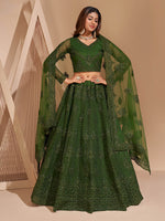 Thumbnail for Myra Mehendi Green Heavy Embroidered Designer Lehenga - Distacart