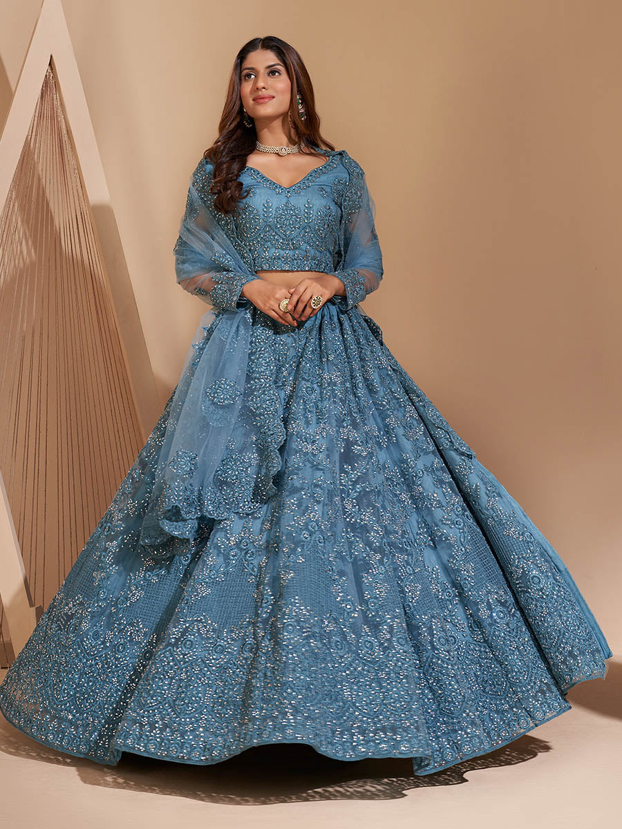 Myra Aqua Blue Heavy Embroidered Designer Lehenga - Distacart