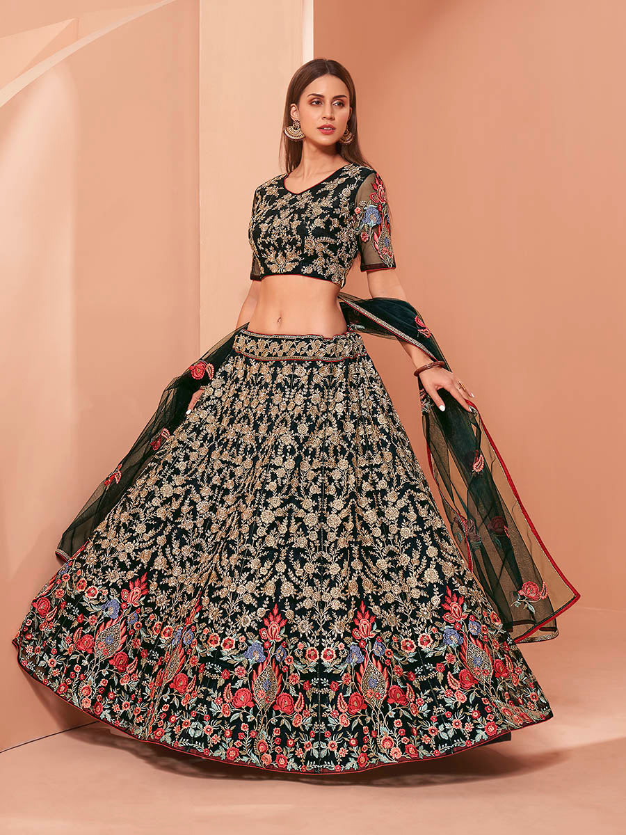 Myra Green Heavy Embroidered Lehenga - Distacart