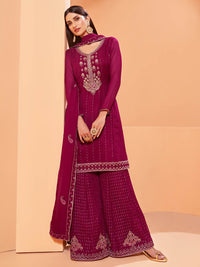 Thumbnail for Myra Magenta Heavy Embroidered Sharara Suit - Distacart