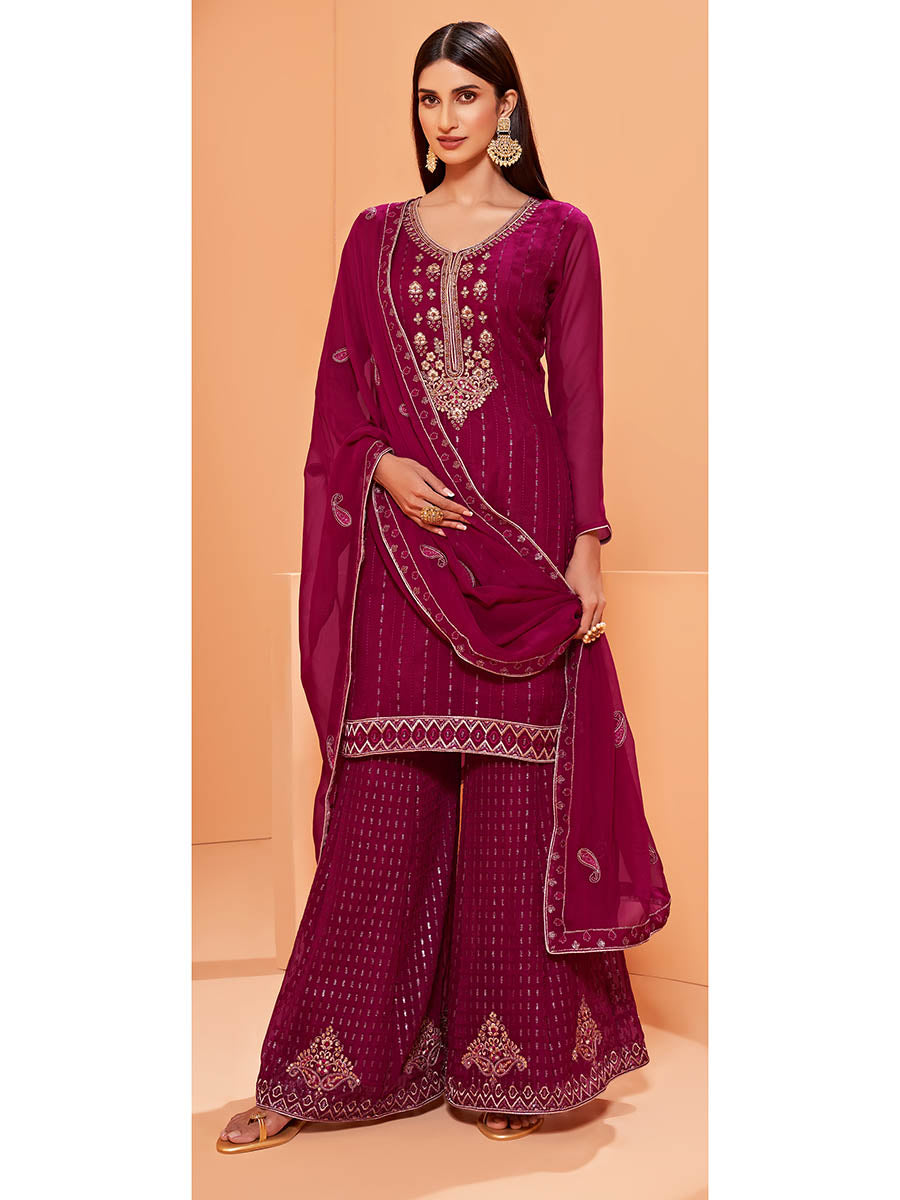 Myra Magenta Heavy Embroidered Sharara Suit - Distacart