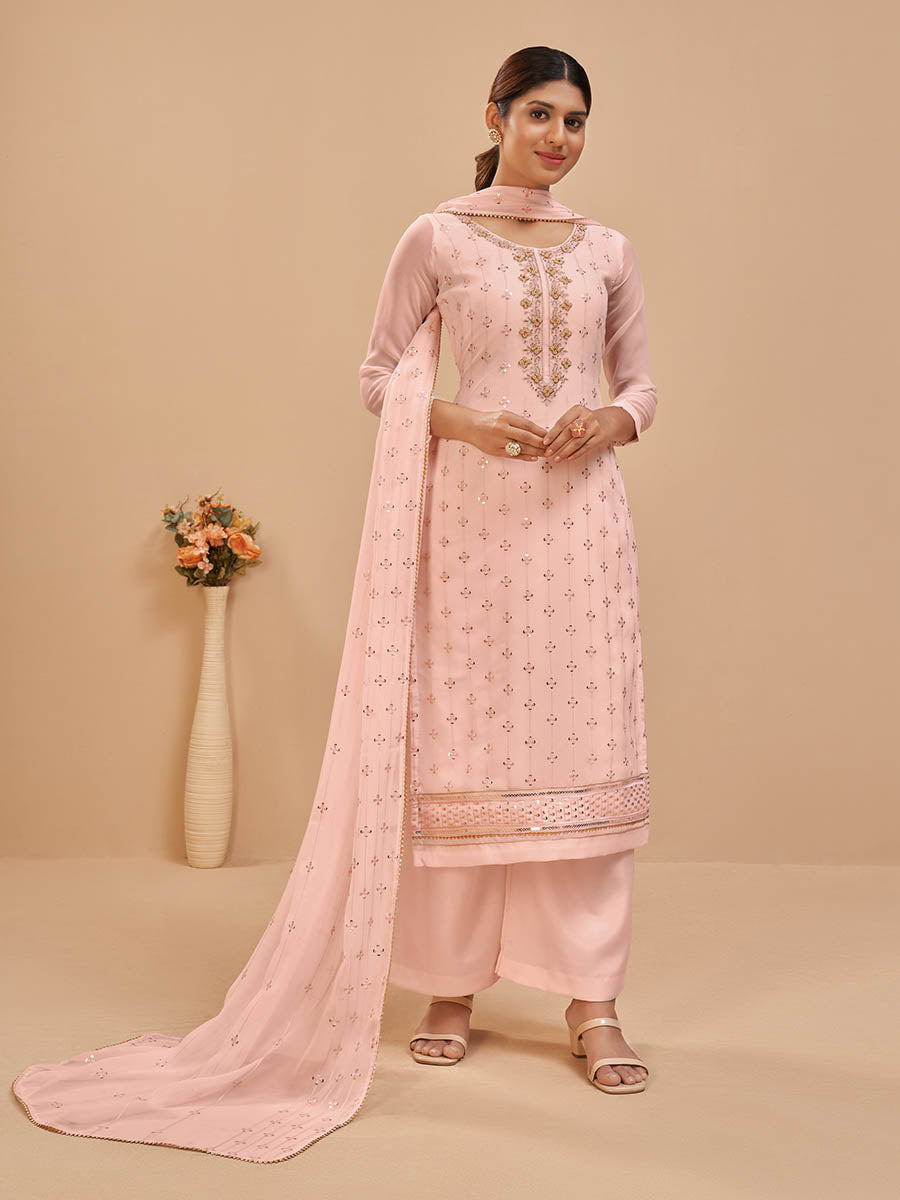 Myra Peach Pure Georgette Embroidered Suit - Distacart
