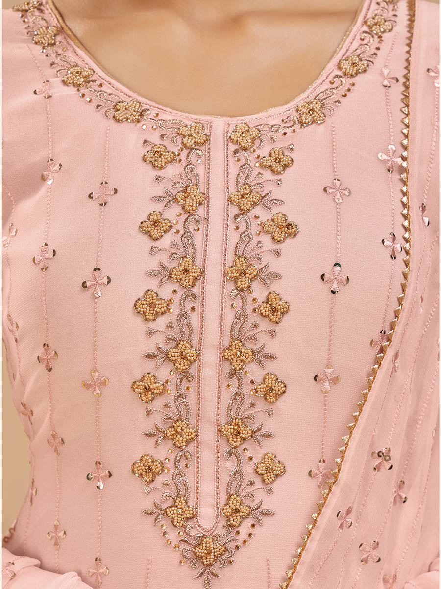 Myra Peach Pure Georgette Embroidered Suit - Distacart
