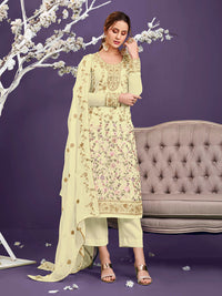 Thumbnail for Myra Light Yellow Floral Thread Embroidered Palazo Suit - Distacart
