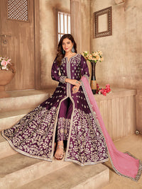 Thumbnail for Myra Wine Art silk Embroidered Pant Style Anarkali Suit - Distacart