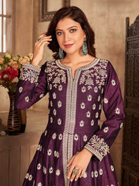 Thumbnail for Myra Wine Art silk Embroidered Pant Style Anarkali Suit - Distacart