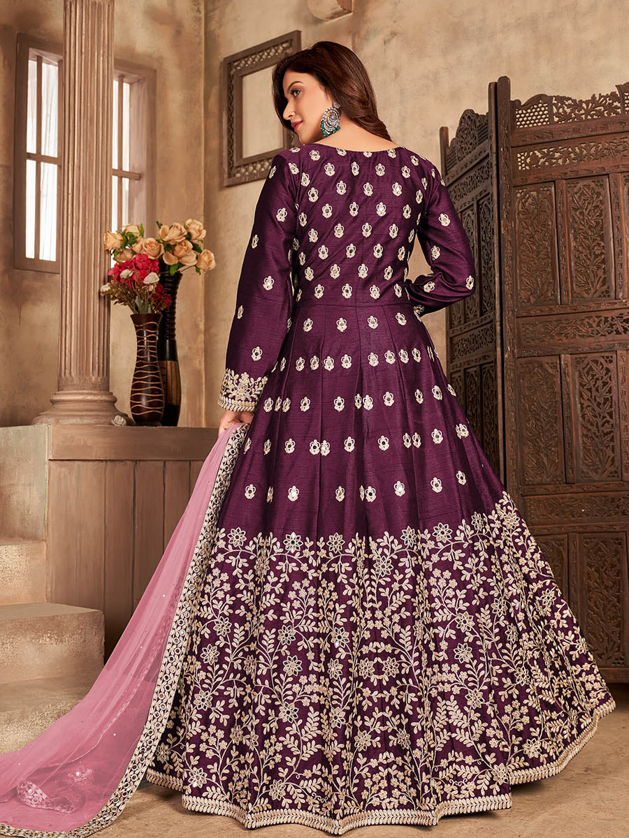 Myra Wine Art silk Embroidered Pant Style Anarkali Suit - Distacart