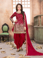 Thumbnail for Myra Red Tafeta Silk Patiyala Suit - Distacart