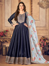 Thumbnail for Myra Navy Blue Silk Slub Embroidered Anarkali Suit - Distacart