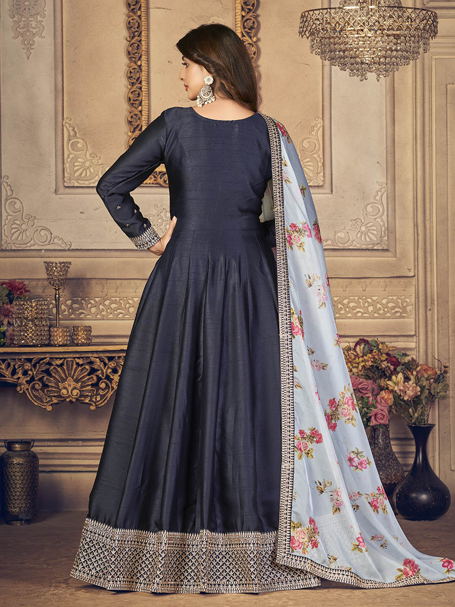 Myra Navy Blue Silk Slub Embroidered Anarkali Suit - Distacart