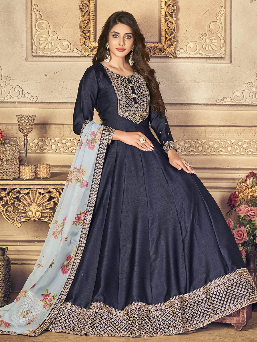 Myra Navy Blue Silk Slub Embroidered Anarkali Suit - Distacart