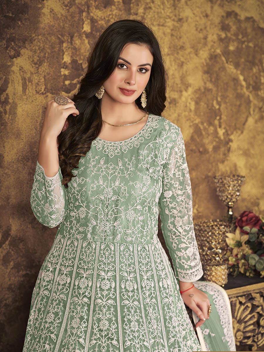 Myra Dusty Pista Butterfly Net Embroidered Anarkali Suit - Distacart