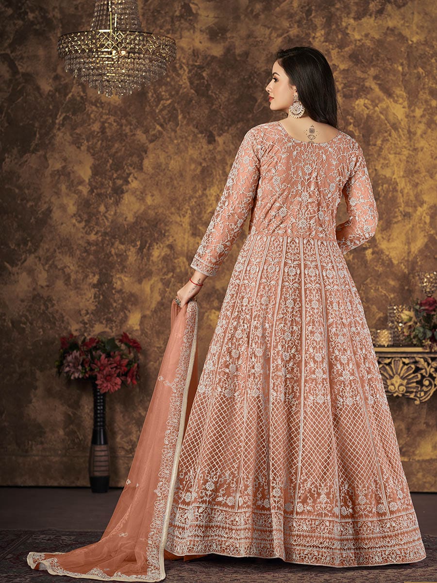 Myra Dusty Peach Butterfly Net Embroidered Anarkali Suit - Distacart