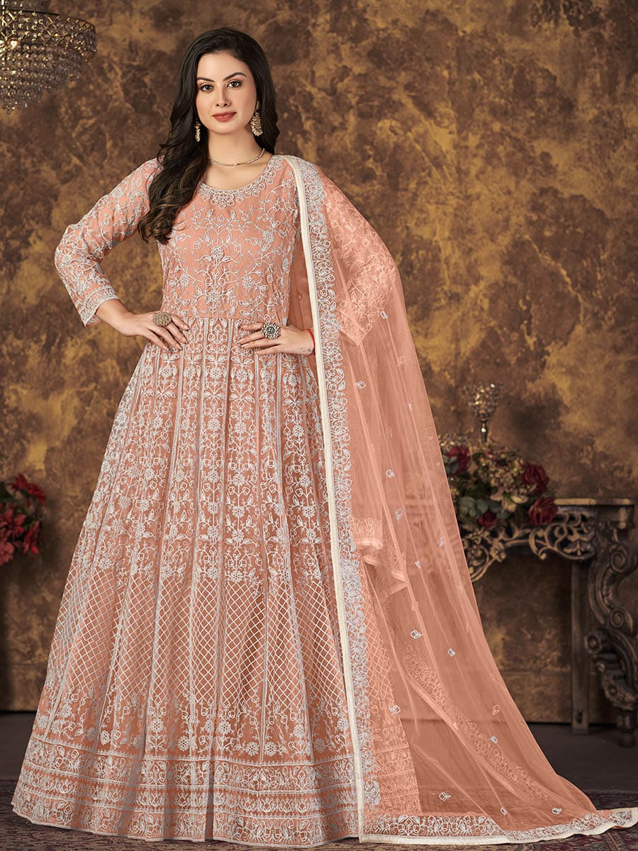 Myra Dusty Peach Butterfly Net Embroidered Anarkali Suit - Distacart