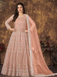 Thumbnail for Myra Dusty Peach Butterfly Net Embroidered Anarkali Suit - Distacart