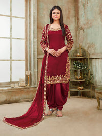 Thumbnail for Myra Red Art Silk Real Glass Work Suit - Distacart