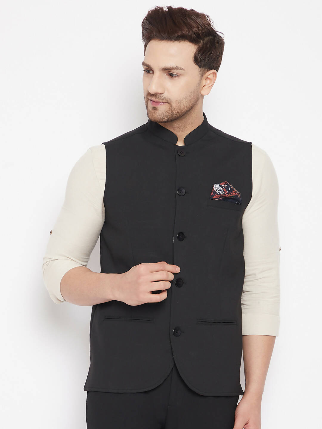 Even Apparels Black Merino Men's Nehru Jacket-Contrast Lining-Inbuilt Pocket Square - Distacart