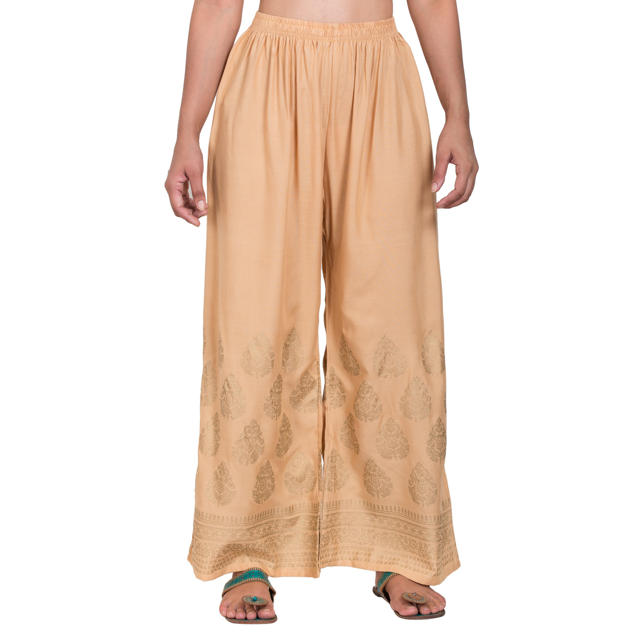 PAVONINE Beige Color Golden Printed Rayon Fabric Sharara For Women - Distacart
