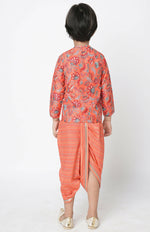 Thumbnail for Lil Drama Golden Weaves Boys Orange Kurta With Dhoti Set - Distacart