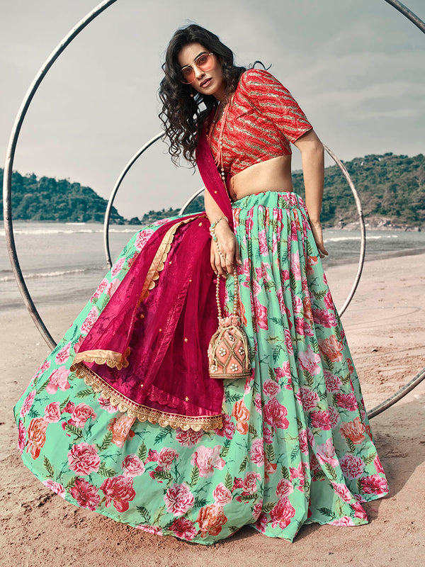 Myra Sky Blue Art Silk Printed & Embroidered Lehenga - Distacart