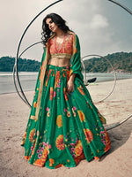 Thumbnail for Myra Rama Green Organza Printed & Embroidered Lehenga - Distacart