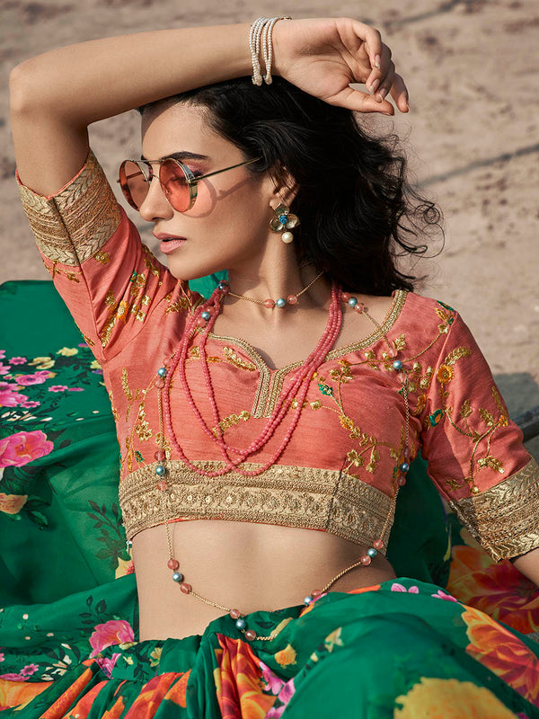 Myra Rama Green Organza Printed & Embroidered Lehenga - Distacart