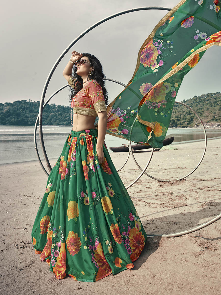 Myra Rama Green Organza Printed & Embroidered Lehenga - Distacart