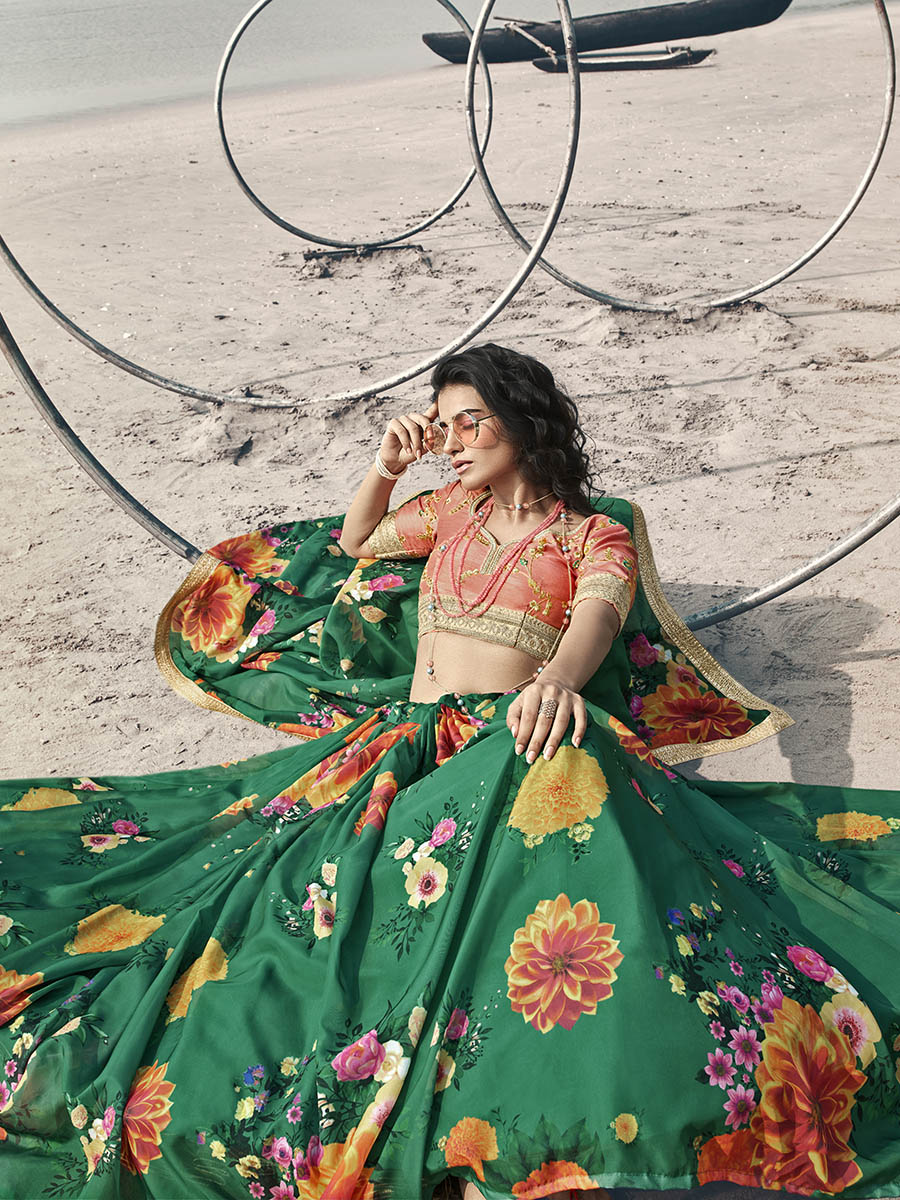 Myra Rama Green Organza Printed & Embroidered Lehenga - Distacart