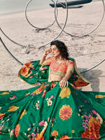 Thumbnail for Myra Rama Green Organza Printed & Embroidered Lehenga - Distacart