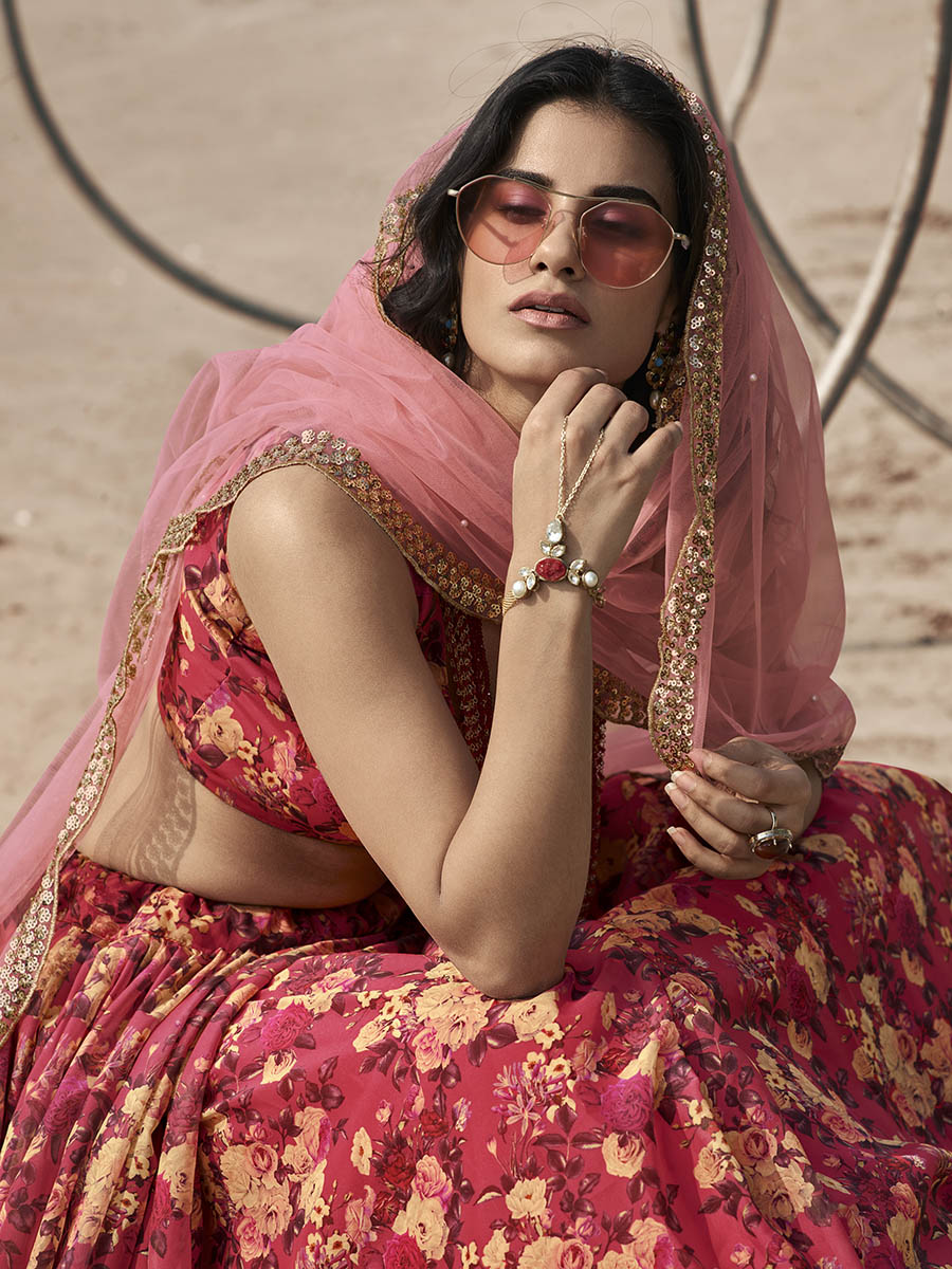 Myra Gajeri Red Organza Printed Lehenga - Distacart