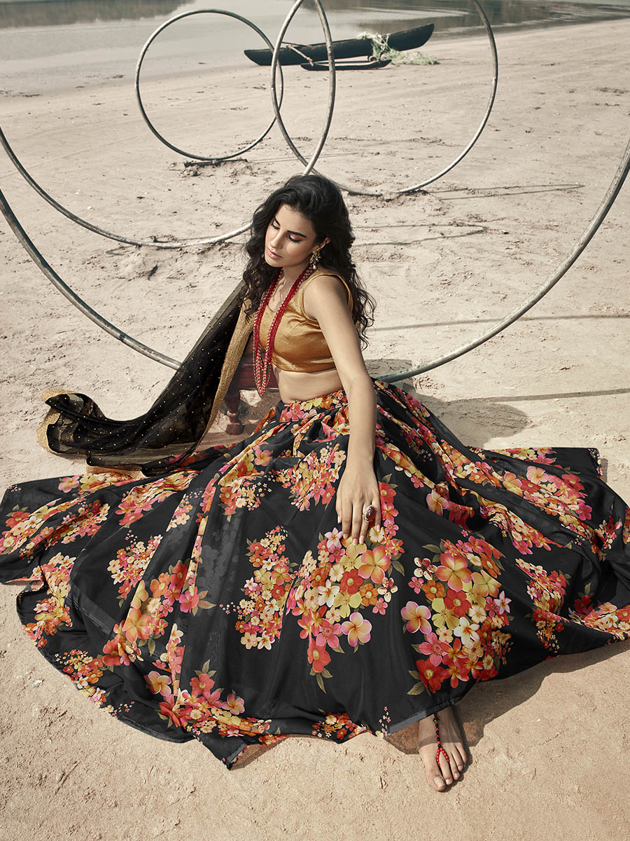 Myra Black Organza Printed Lehenga - Distacart
