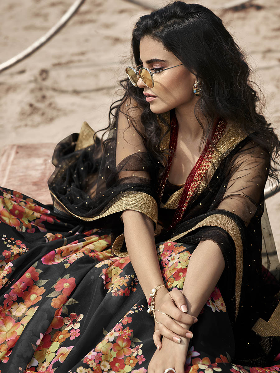 Myra Black Organza Printed Lehenga - Distacart