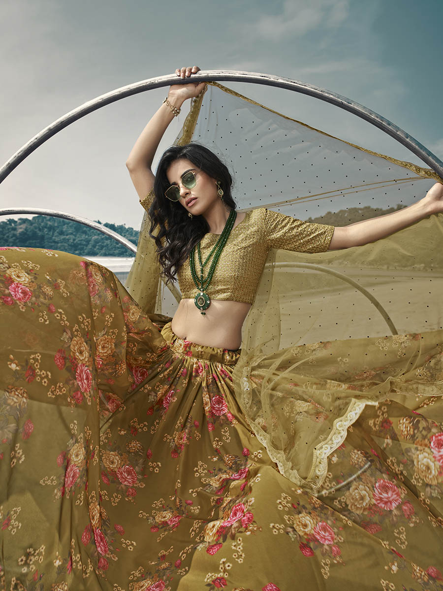 Myra Olive Green Organza Printed & Embroidered Lehenga - Distacart