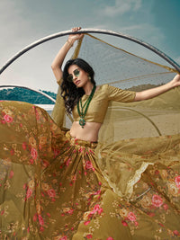 Thumbnail for Myra Olive Green Organza Printed & Embroidered Lehenga - Distacart