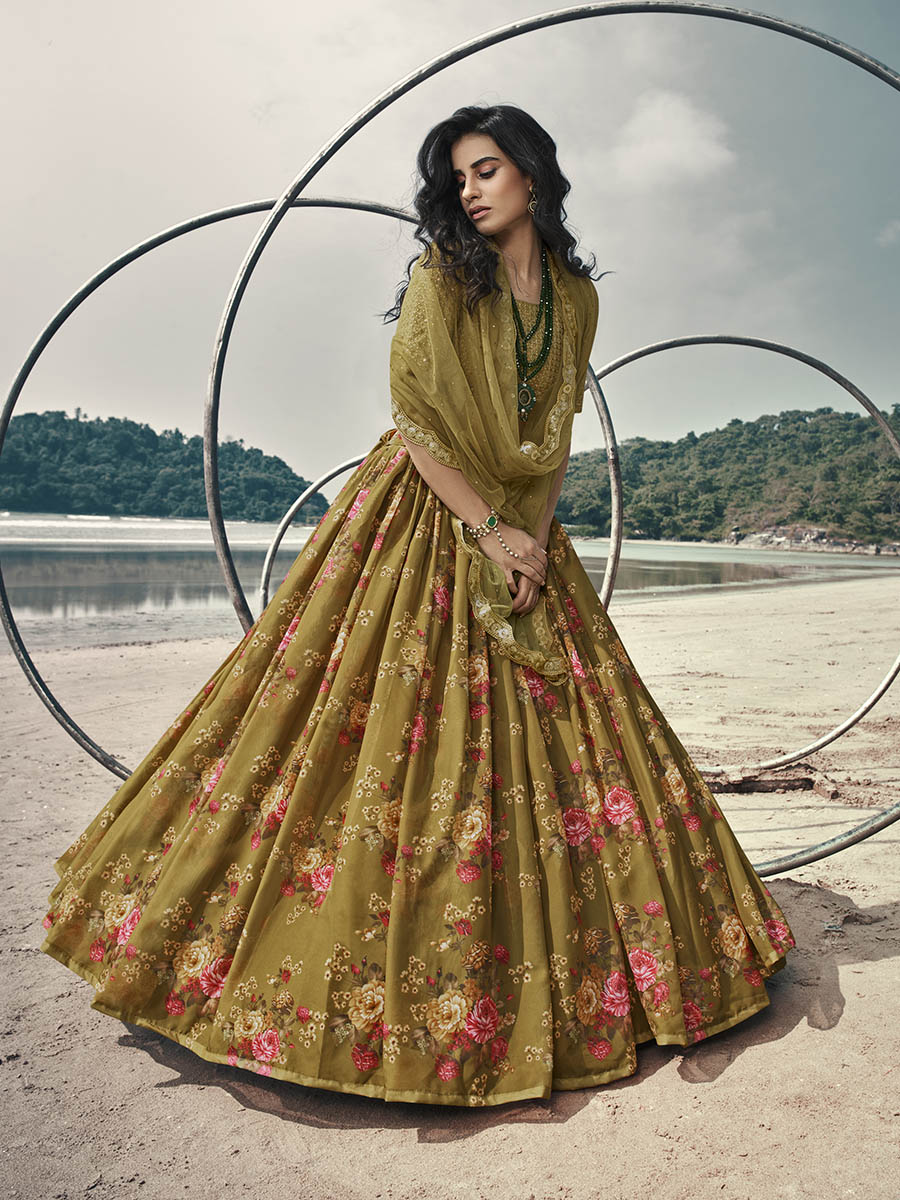 Myra Olive Green Organza Printed & Embroidered Lehenga - Distacart