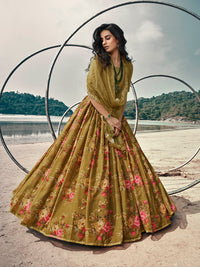 Thumbnail for Myra Olive Green Organza Printed & Embroidered Lehenga - Distacart
