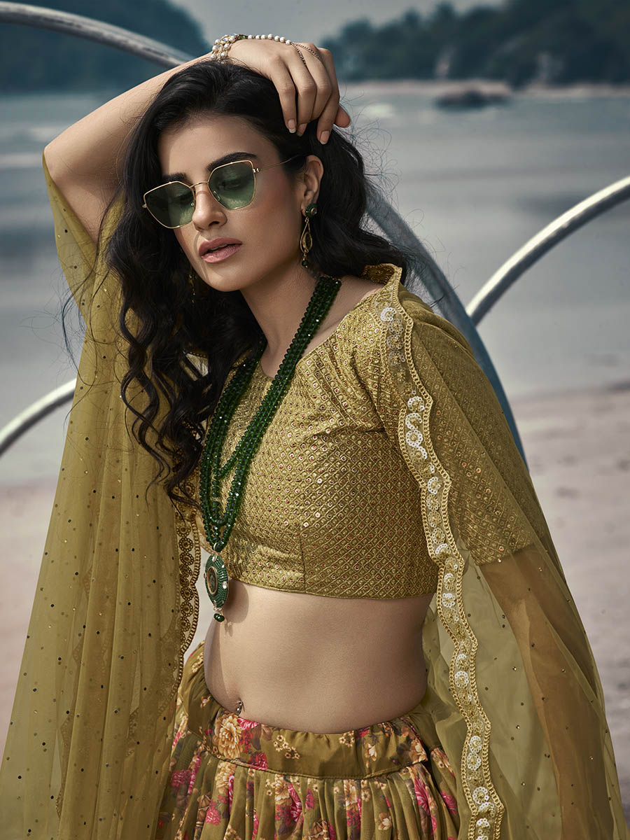 Myra Olive Green Organza Printed & Embroidered Lehenga - Distacart