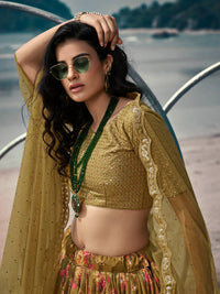 Thumbnail for Myra Olive Green Organza Printed & Embroidered Lehenga - Distacart