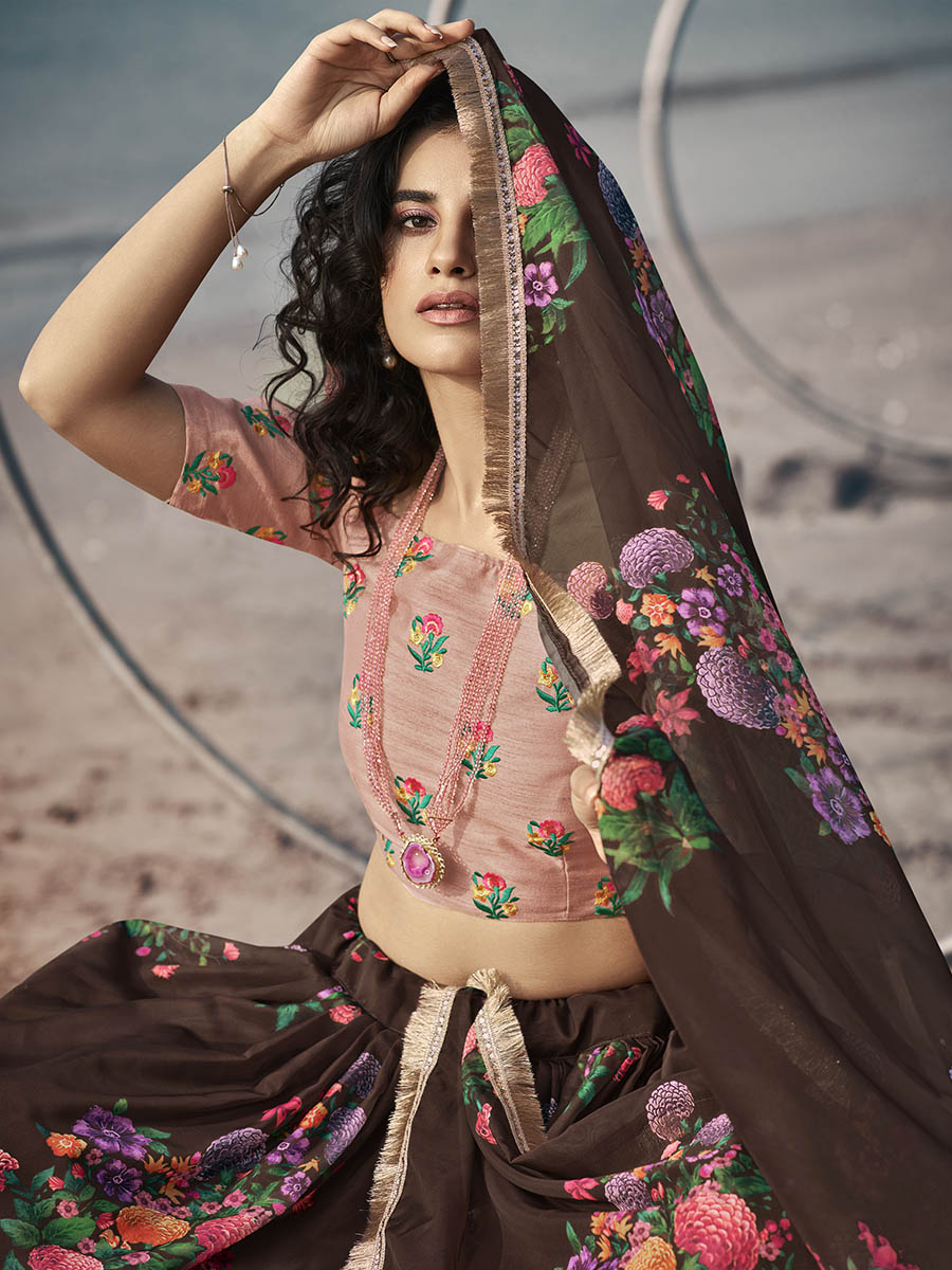 Myra Pink Organza Printed & Embroidered Lehenga - Distacart