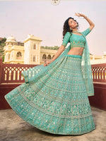 Thumbnail for Myra Turquoise Organza Embroidered Lehenga - Distacart