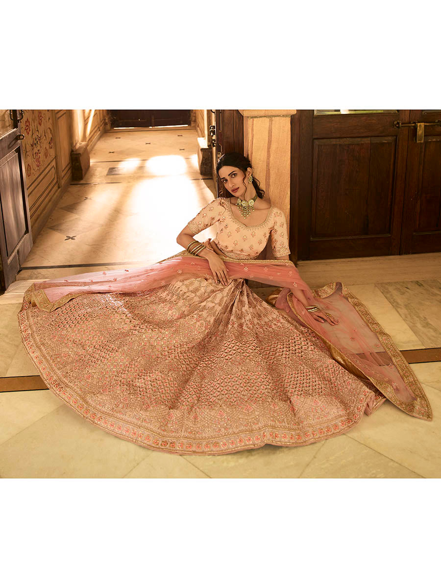 Myra Peach Crepe Embroidered Lehenga - Distacart