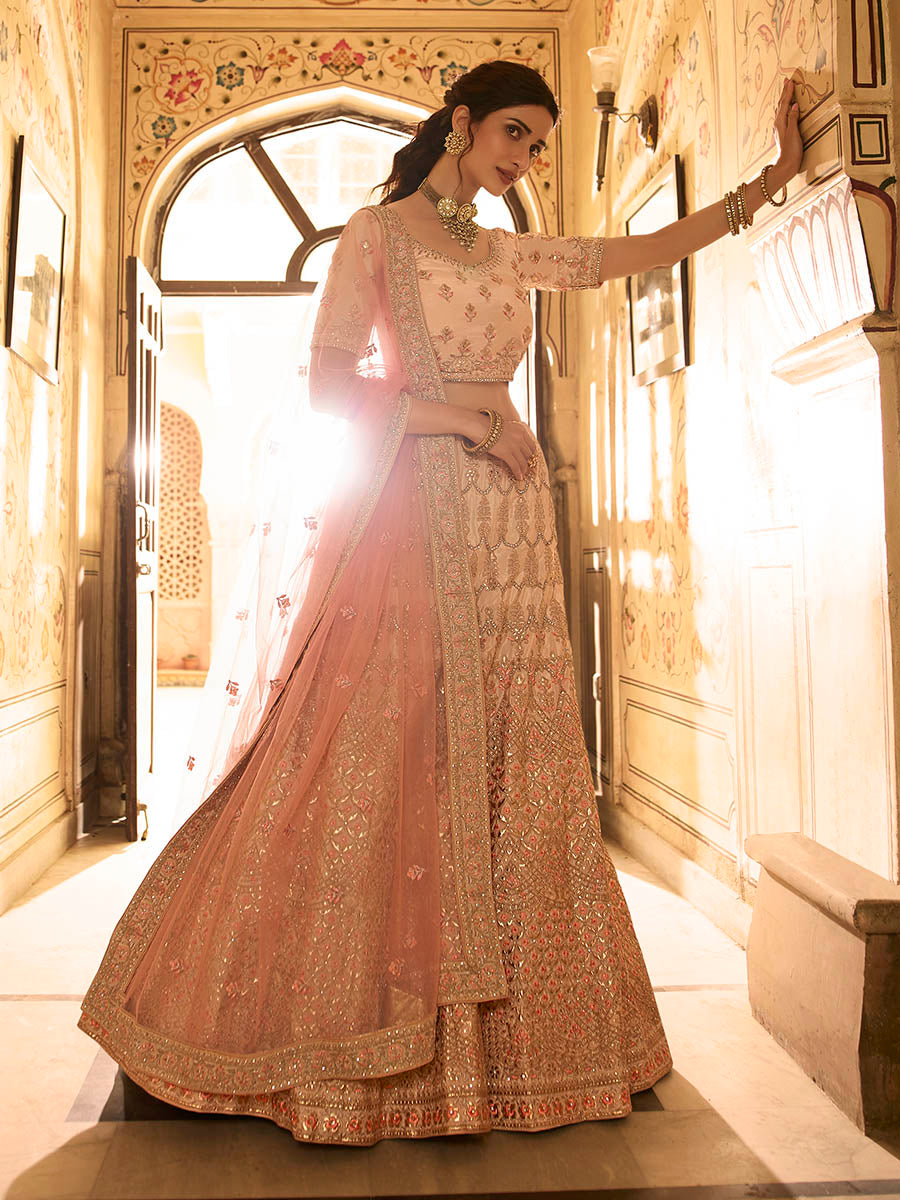 Myra Peach Crepe Embroidered Lehenga - Distacart
