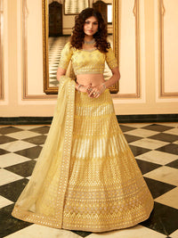 Thumbnail for Myra Yellow Organza Embroidered Lehenga - Distacart