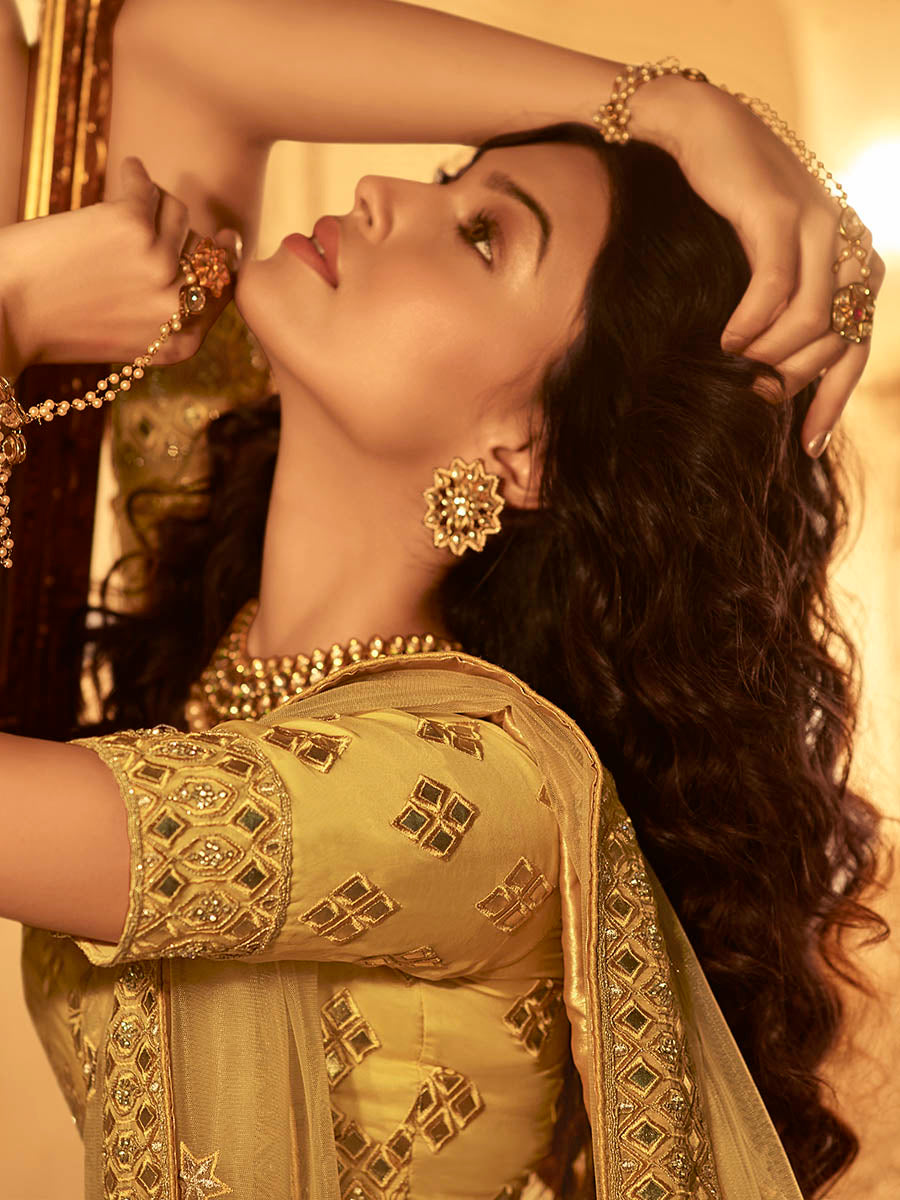 Myra Yellow Organza Embroidered Lehenga - Distacart