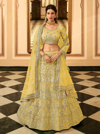 Thumbnail for Myra Yellow Organza Embroidered Lehenga Choli - Distacart
