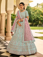 Thumbnail for Myra Beautiful Sea Blue Organza Embroidered Lehenga Choli