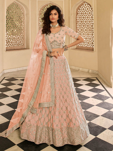 Myra Peach Organza Embroidered Lehenga Choli - Distacart