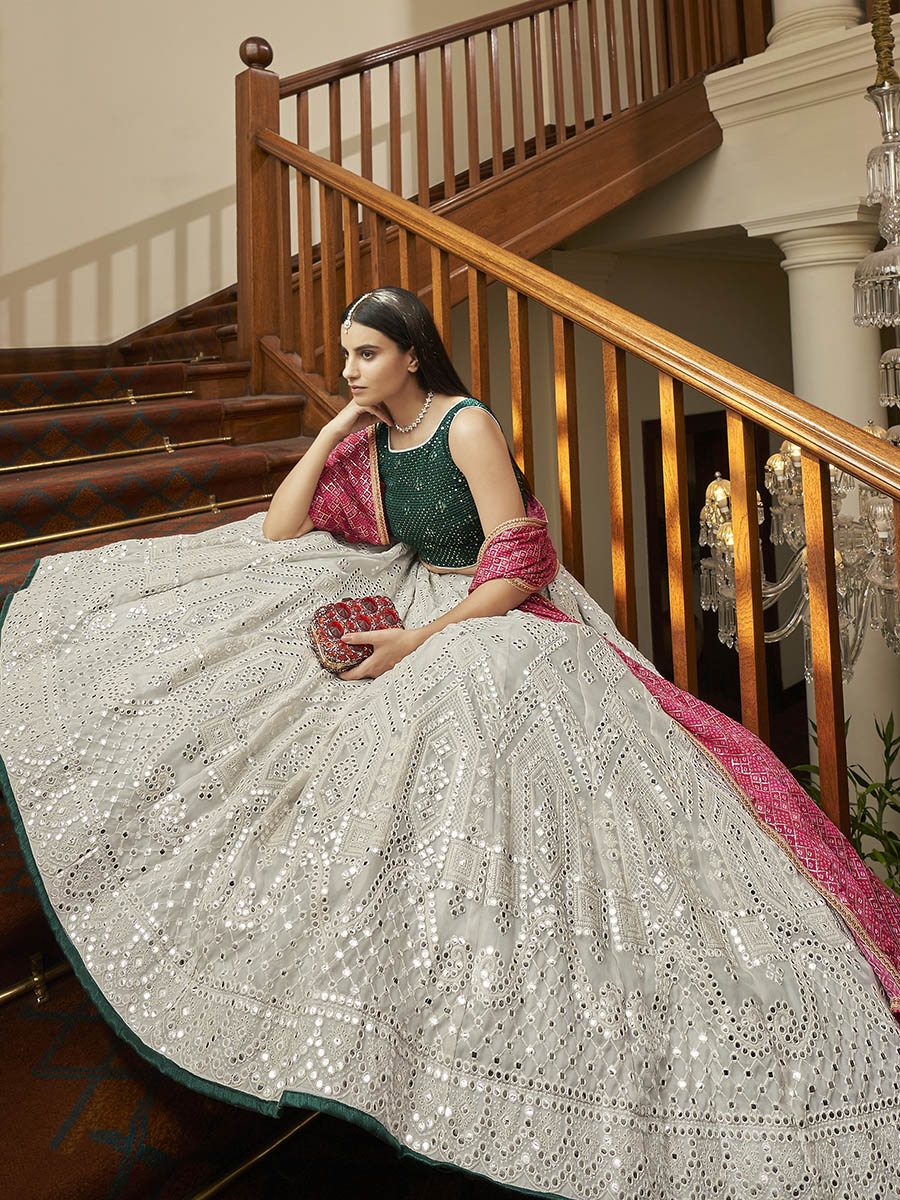 Myra Grey Organza Embroidered Lehenga - Distacart