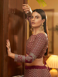 Thumbnail for Myra Maroon Crepe Embroidered Lehenga - Distacart